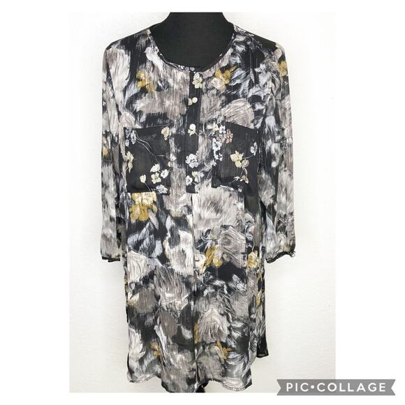 Figueroa & Flower black gray gold sheer floral button front dress or tunic Large - Picture 1 of 16